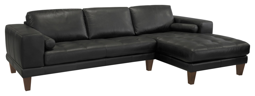 Wynne Contemporary Sectional Genuine Black Leather With Brown Wood Legs Transitional Sofas By Armen Living Houzz Wynne Contemporary Sectional Genuine, Genuine Leather Sectional Sleeper Sofa