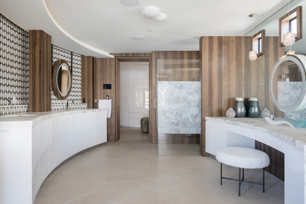 Photo of an expansive contemporary master bathroom in Other with flat-panel cabinets, white cabinets, a corner shower, brown tile, porcelain floors, an undermount sink, grey floor, a hinged shower door, grey benchtops, a double vanity and a built-in vanity.