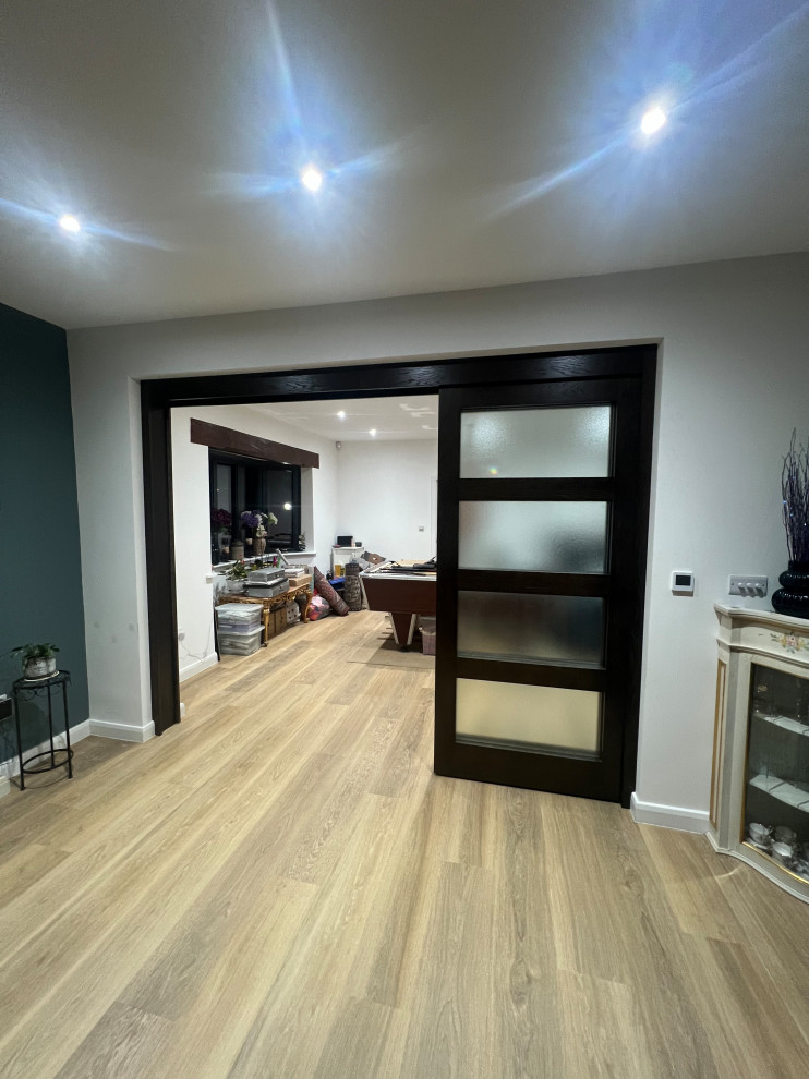 Bespoke Stained & Lacquered Oak Veneer and Glass Telescopic Sliding Doors
