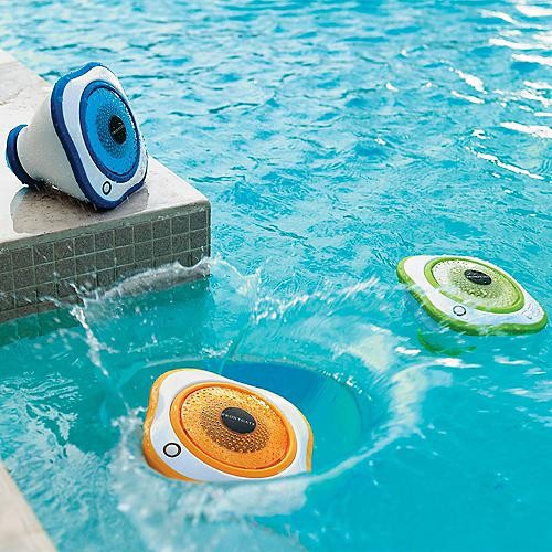 Set of Three Floating LED Pool Speakers - One Blue, One Green, One Orange - Fron