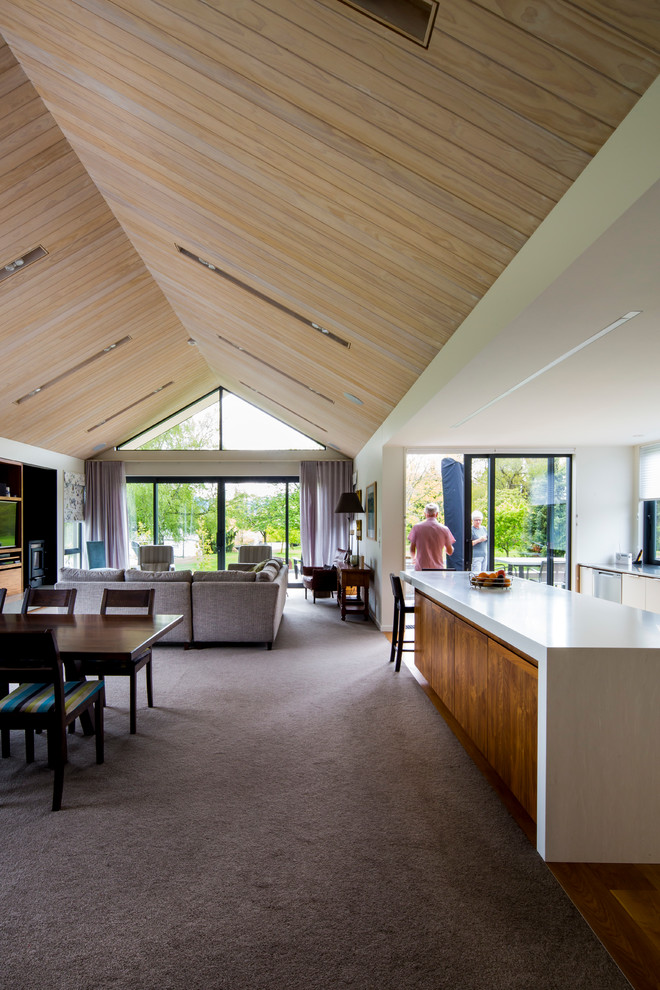 Photo of a Large contemporary Open Concept living room in Christchurch With a Home Bar, White Walls, Carpet, a Wood Stove, a Metal Fireplace Surround and a Built-in Media Wall.