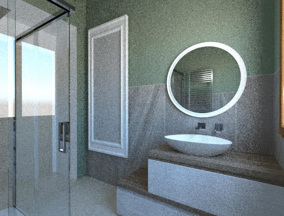 Cette image montre une salle d'eau traditionnelle avec un placard en trompe-l'oeil, des portes de placard beiges, une douche à l'italienne, un carrelage gris, du carrelage en marbre, un mur vert, un sol en marbre, une vasque, un plan de toilette en bois, un sol rose, une cabine de douche à porte coulissante, meuble simple vasque, meuble-lavabo suspendu et un plafond en bois.