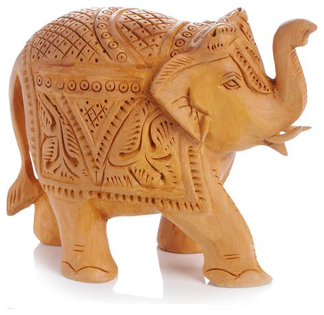Elephant Statue Figurine Hand Carved Wood Tabletop Or Shelf Decor