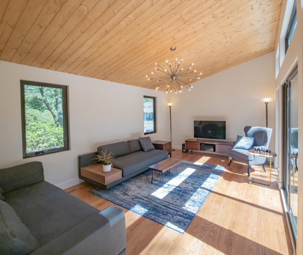 Photo of a small modern enclosed living room in Raleigh with white walls, light hardwood flooring, no fireplace, a freestanding tv, brown floors and a wood ceiling.