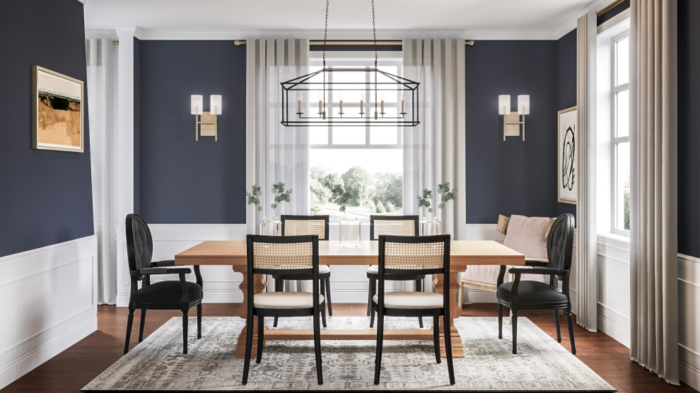 Immagine di una piccola sala da pranzo classica con pareti blu e pavimento in legno massello medio