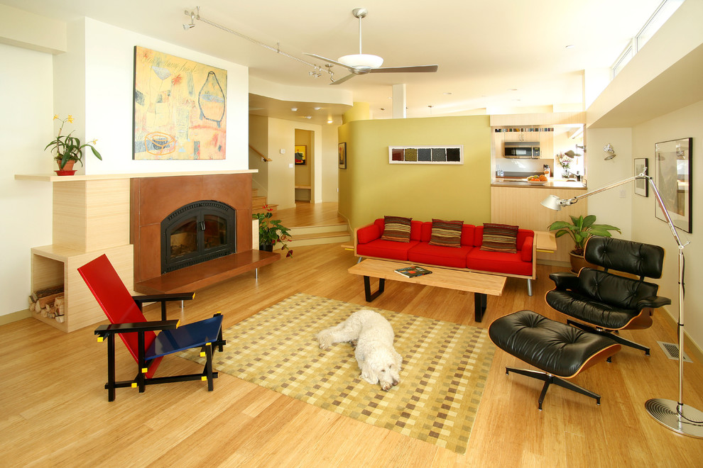 Photo of a modern living room in Denver with light hardwood floors and a standard fireplace.