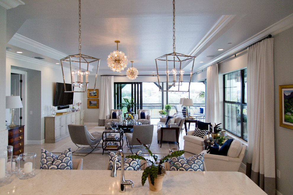 Large beach style formal open concept living room in Miami with beige walls, ceramic floors and a wall-mounted tv.