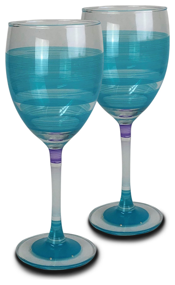 Retro Stripe Turquoise Wine Glasses, Set of 2 Contemporary Wine