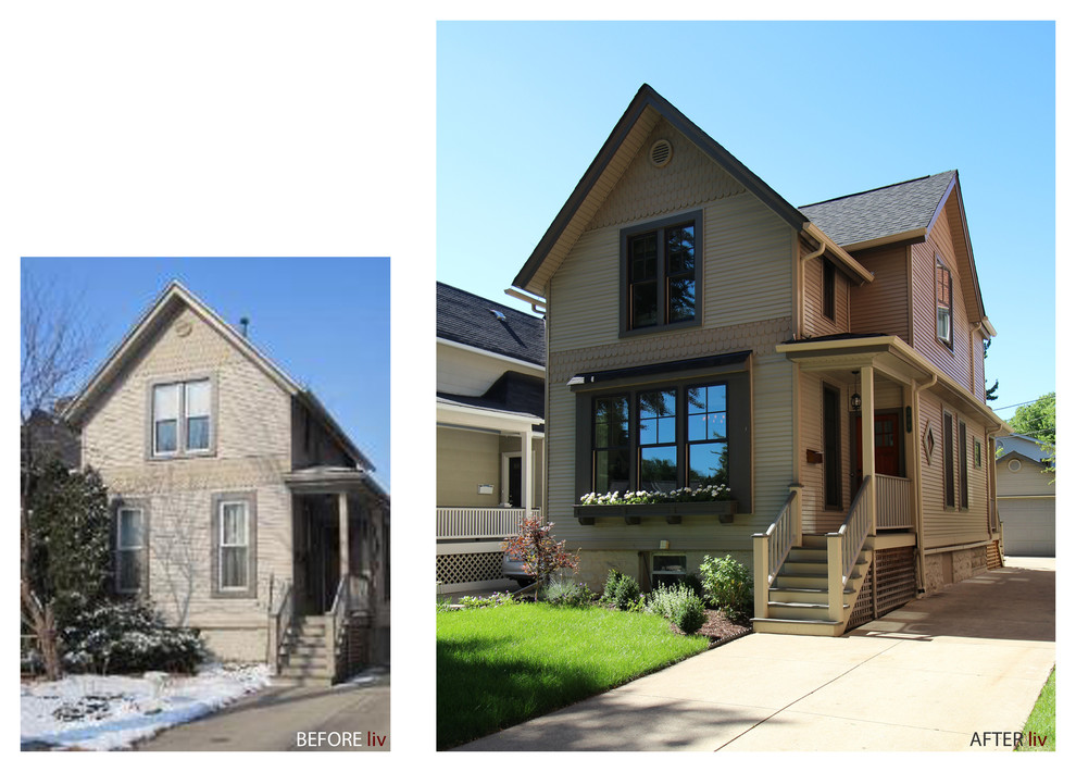 Example of a small mountain style brown two-story vinyl gable roof design in Chicago