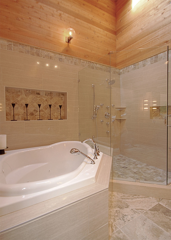 Design ideas for a large transitional master bathroom in Vancouver with raised-panel cabinets, brown cabinets, a corner tub, a corner shower, beige tile, ceramic tile, beige walls, ceramic floors, a vessel sink and granite benchtops.