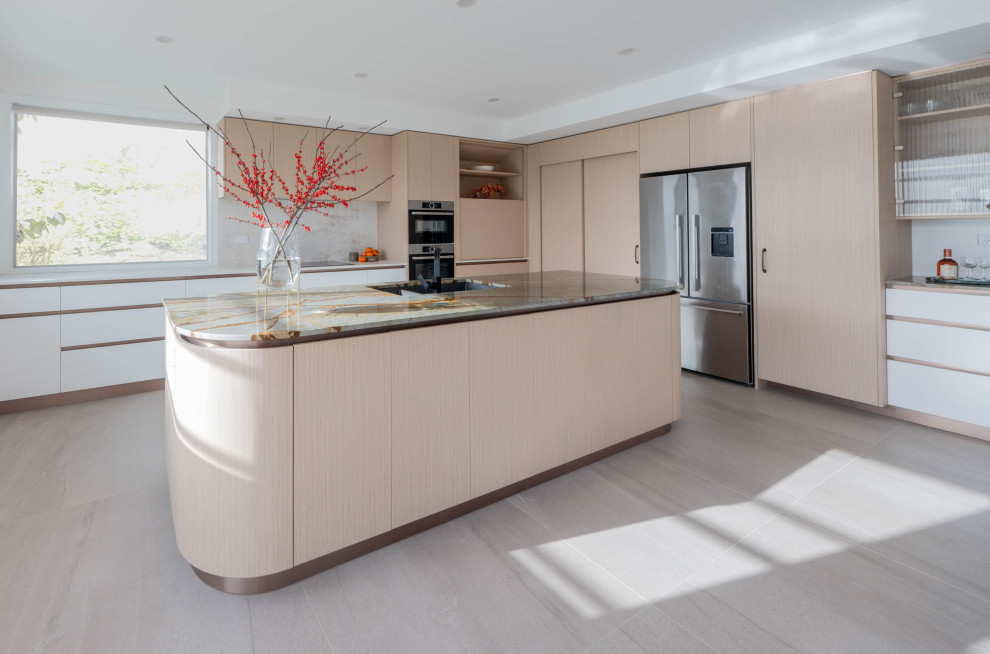 Design ideas for a contemporary kitchen in Auckland with light wood cabinets, quartzite benchtops, ceramic floors, with island, beige floor and multi-coloured benchtop.