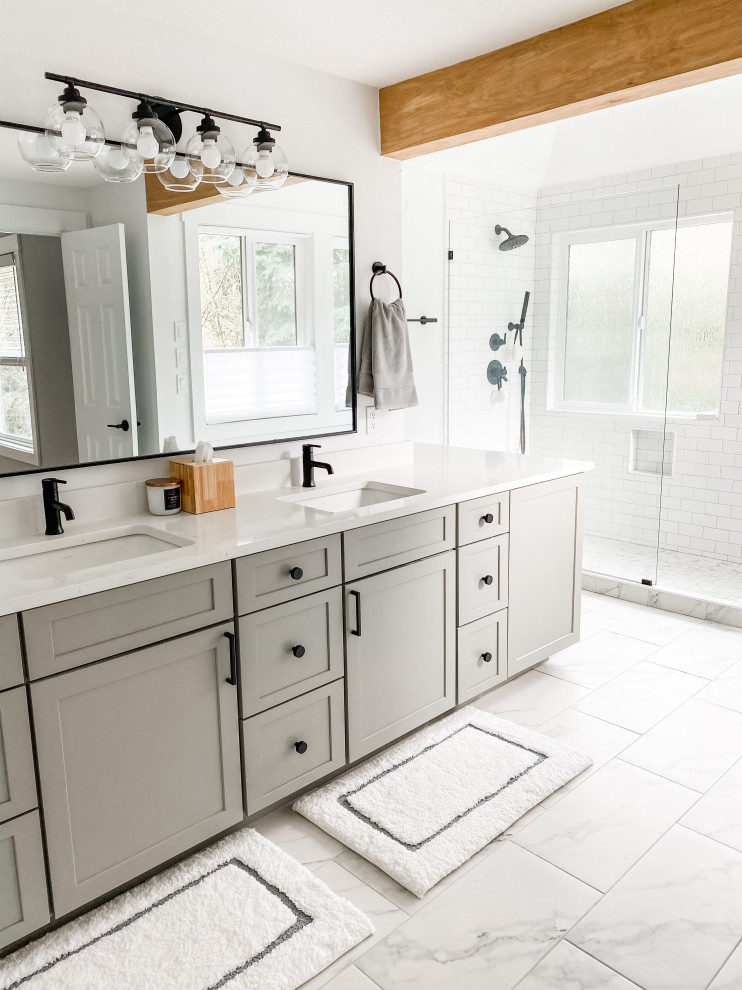 Medium sized contemporary ensuite bathroom in Portland with shaker cabinets, grey cabinets, a corner shower, a one-piece toilet, white tiles, ceramic tiles, white walls, ceramic flooring, a submerged sink, quartz worktops, white floors, an open shower, white worktops, an enclosed toilet, double sinks, a built in vanity unit and exposed beams.