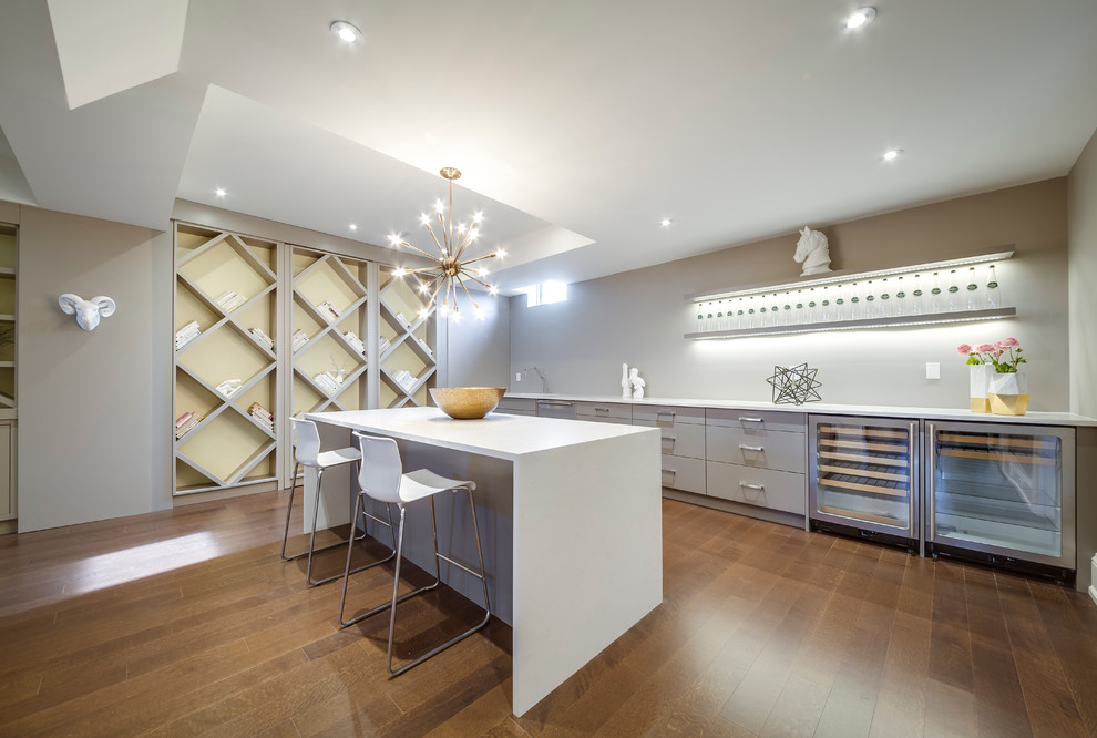 This is an example of a large modern look-out basement in Toronto with white walls and medium hardwood floors.