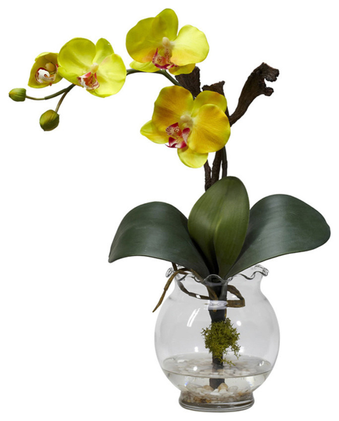 Mini Phalaenopsis With Fluted Vase Silk Flower Arrangement, Yellow