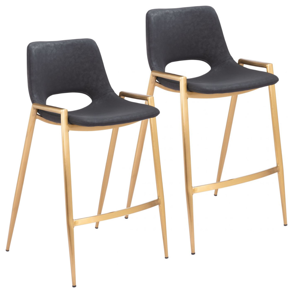 Desi Bar Stool, Gold Steel Base, Faux Leather Barstool, Set of 2