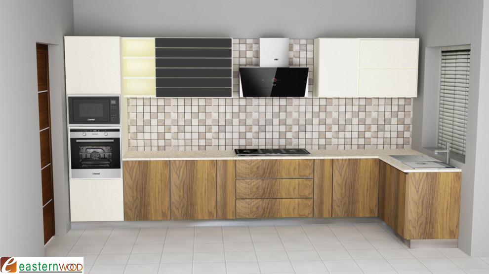 Example of a mid-sized minimalist l-shaped porcelain tile and white floor eat-in kitchen design with a single-bowl sink, flat-panel cabinets, granite countertops, multicolored backsplash, stone tile backsplash, black appliances, an island and white countertops