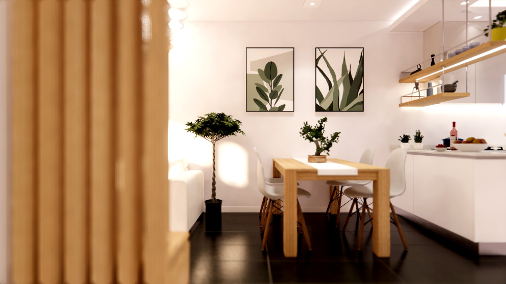 Идея дизайна: маленькая гостиная-столовая в стиле модернизм с белыми стенами, полом из керамической плитки и черным полом для на участке и в саду