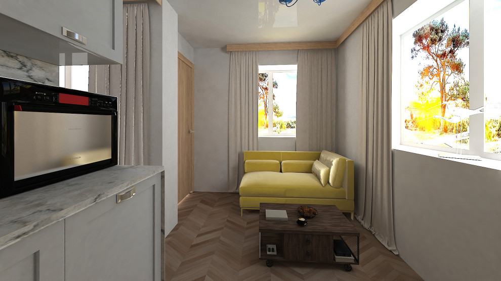 Cette photo montre un petit salon moderne ouvert avec un mur gris, parquet clair, un téléviseur fixé au mur, un sol beige et un plafond à caissons.