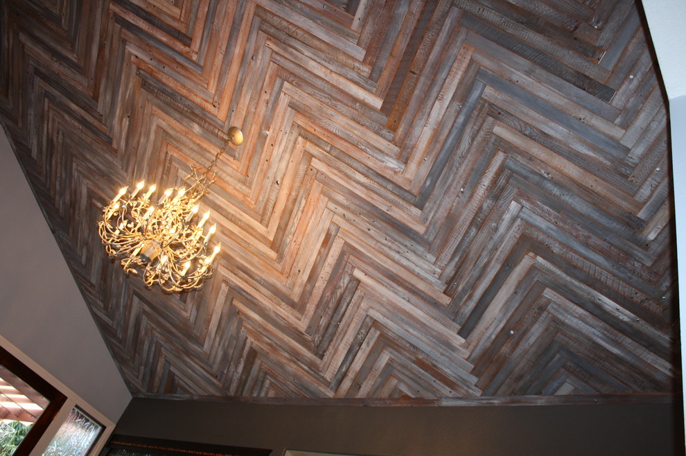 Reclaimed Wood Ceiling In A Herringbone Pattern