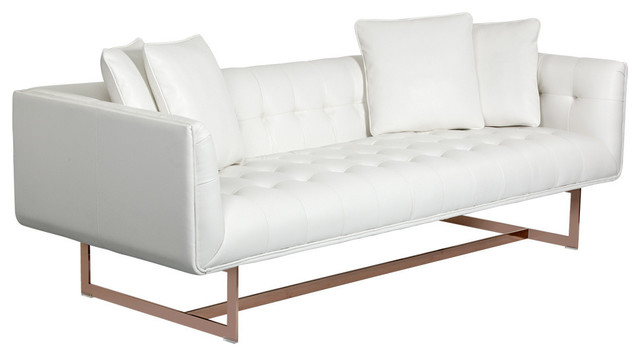 Sunpan 100620 Matisse Sofa Rose Gold White Leather W 4 Pillows