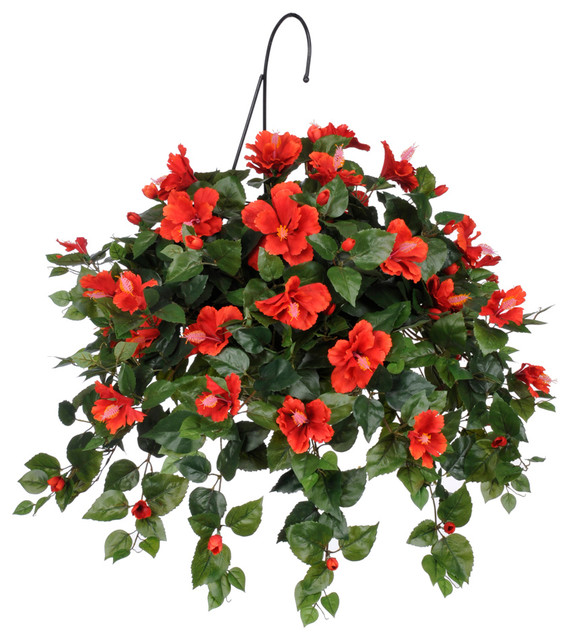 Artificial Red Hibiscus in Water Hyacinth Hanging Basket - Tropical ...