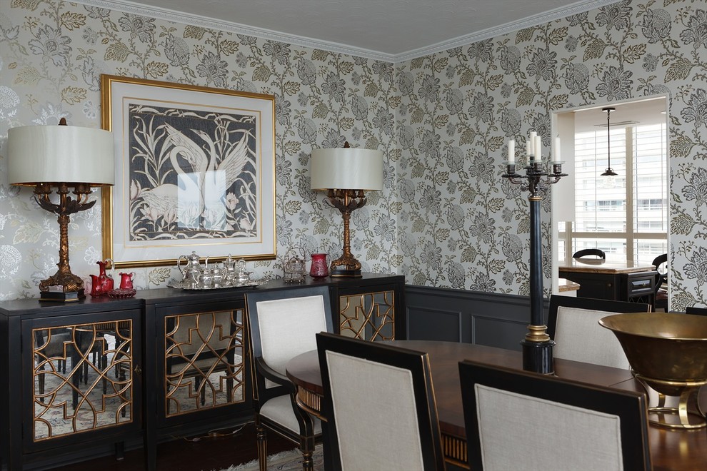 Inspiration for a large transitional dark wood floor and brown floor enclosed dining room remodel in Toronto with multicolored walls and no fireplace
