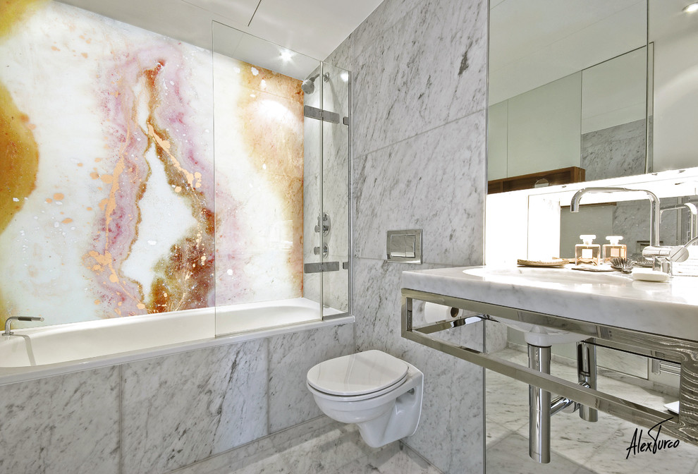Inspiration for a modern bathroom in Miami with white tile and white walls.