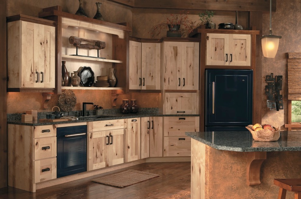 Kitchen - rustic l-shaped kitchen idea in Cincinnati with dark wood cabinets and an island