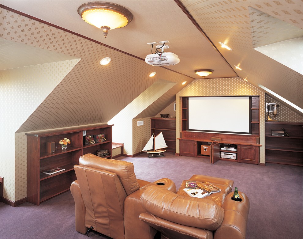 Design ideas for a traditional home theatre in Other with multi-coloured walls, carpet and purple floor.