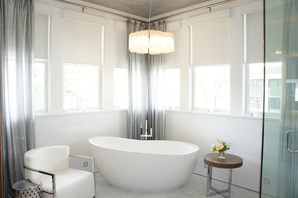 Photo of a large contemporary master bathroom in Miami with gray tile, mosaic tile, white walls and marble floors.