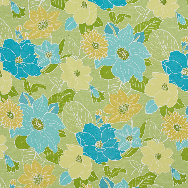 Green and Blue Large Flowers Leaves Outdoor Indoor Upholstery Fabric By The Yard