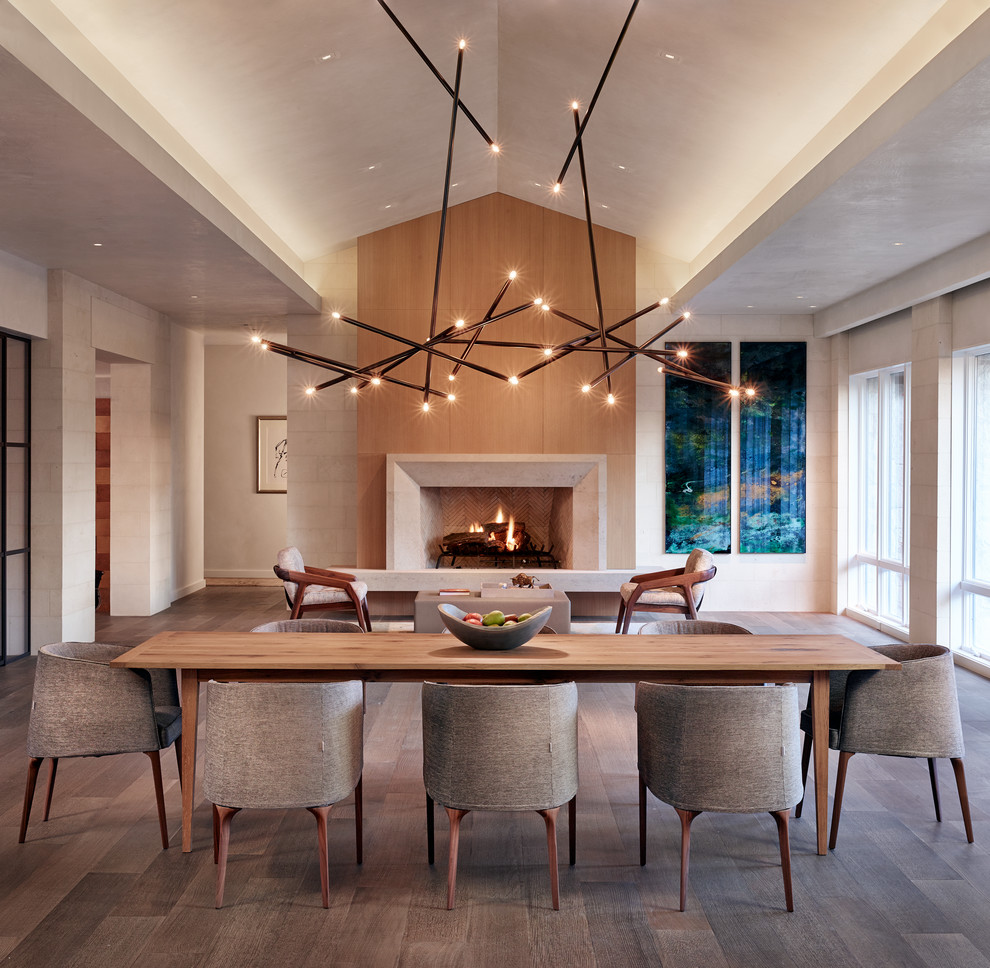 Photo of a contemporary dining room in Austin with grey walls, dark hardwood floors and a standard fireplace.