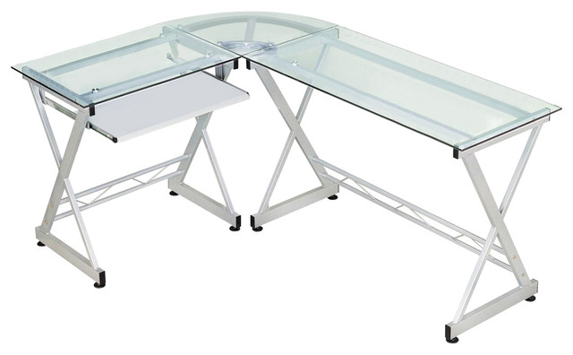 L Shaped Tempered Glass Top Computer Desk With Pull Out Keybaord
