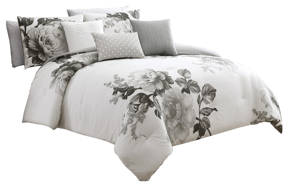 7 Piece Cotton Queen Comforter Set With Floral Print, Gray And White