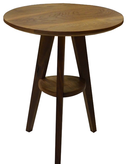 Mid Century Modern Round Walnut side table with shelf - Midcentury