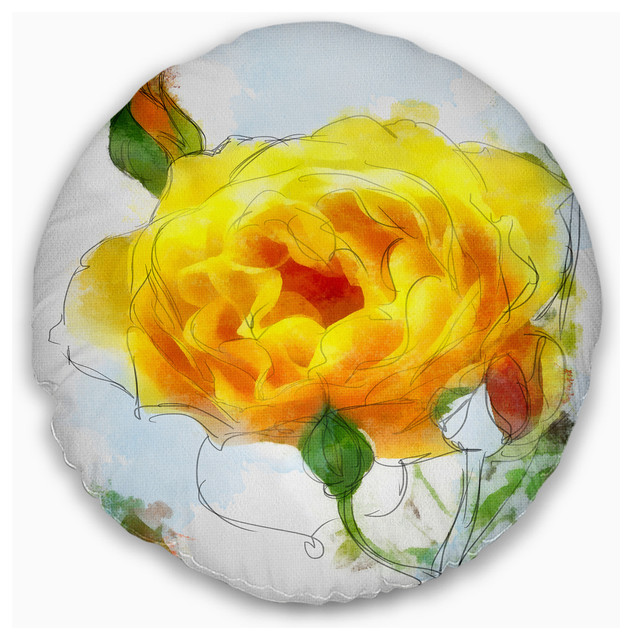 Yellow Rose With Rose Buds Sketch Floral Throw Pillow 16 Round