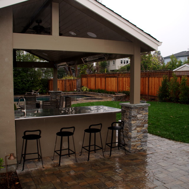 BBQ counter, pool house and paver patio