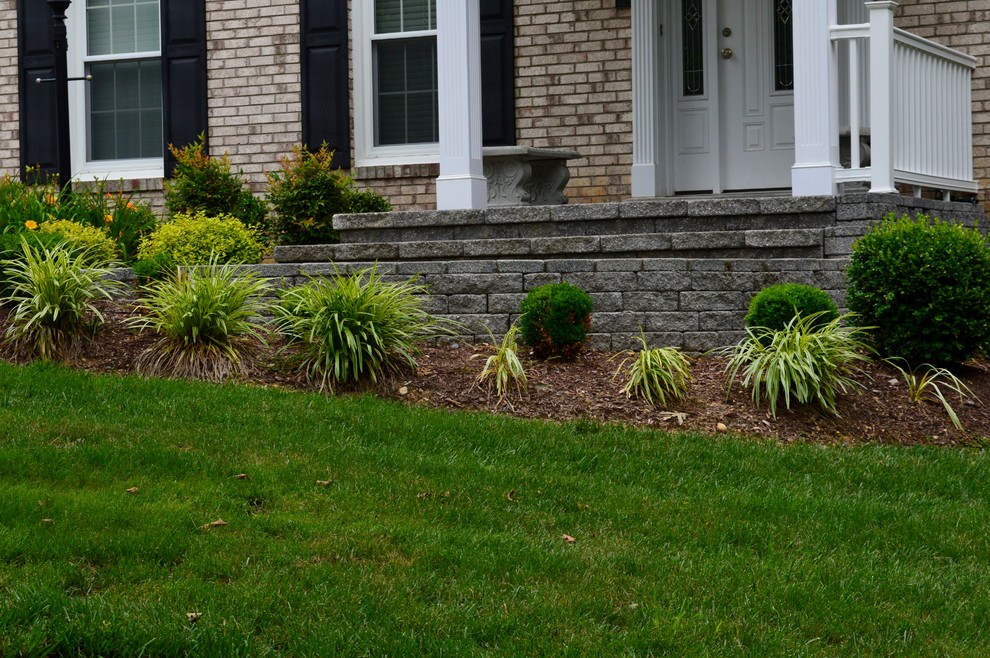 This is an example of a transitional front yard partial sun garden in DC Metro with a retaining wall and concrete pavers.
