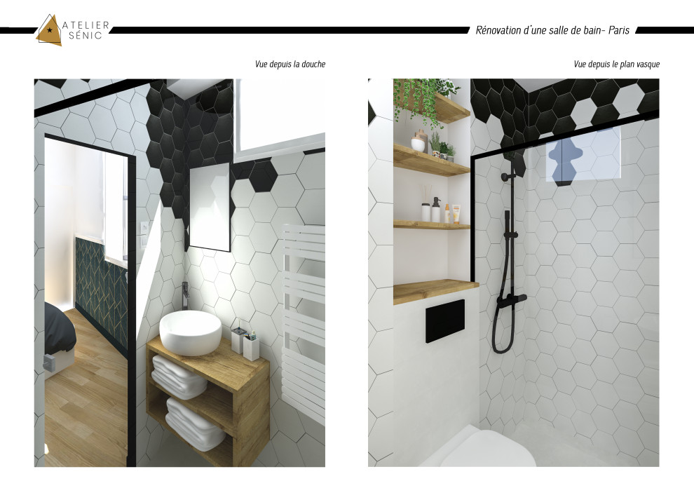 Kleines Modernes Duschbad mit Wandtoilette, schwarz-weißen Fliesen, Keramikfliesen, weißer Wandfarbe, Betonboden, Aufsatzwaschbecken, Waschtisch aus Holz, weißem Boden und Einzelwaschbecken in Paris