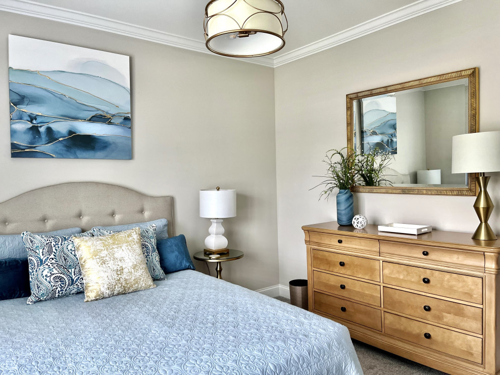 This is an example of a small transitional guest bedroom in Other with grey walls, carpet, no fireplace and beige floor.