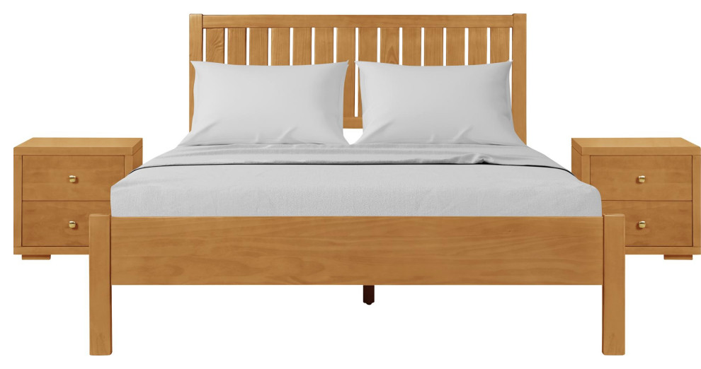Graham Wooden Platform Bed, Oak With 2 Nightstands Transitional