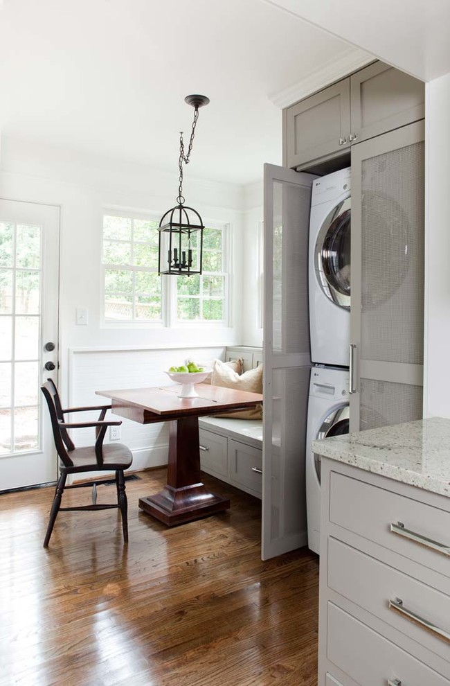Design ideas for a mid-sized traditional galley eat-in kitchen in Atlanta with grey cabinets, an undermount sink, granite benchtops, white splashback, subway tile splashback, stainless steel appliances, medium hardwood floors and with island.