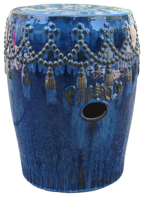 Tasseled Drum Ceramic Garden Stool, Navy Blue