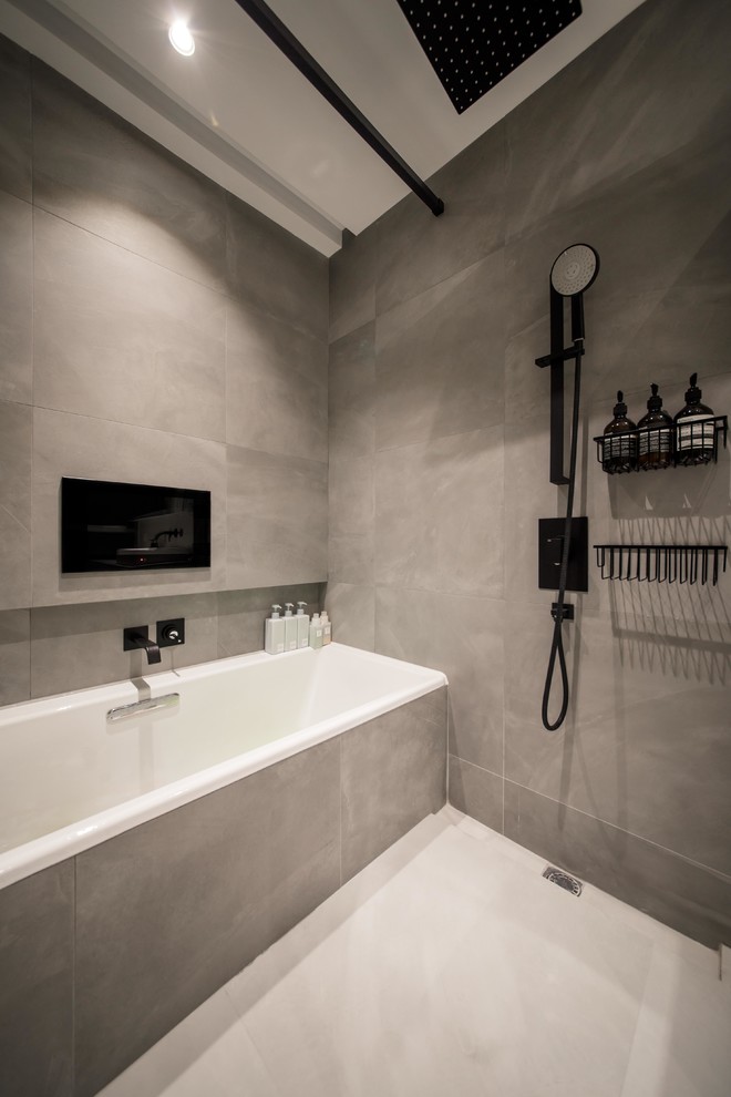 Small modern master bathroom in Hong Kong with an alcove tub, a curbless shower, gray tile, cement tile, white walls and ceramic floors.