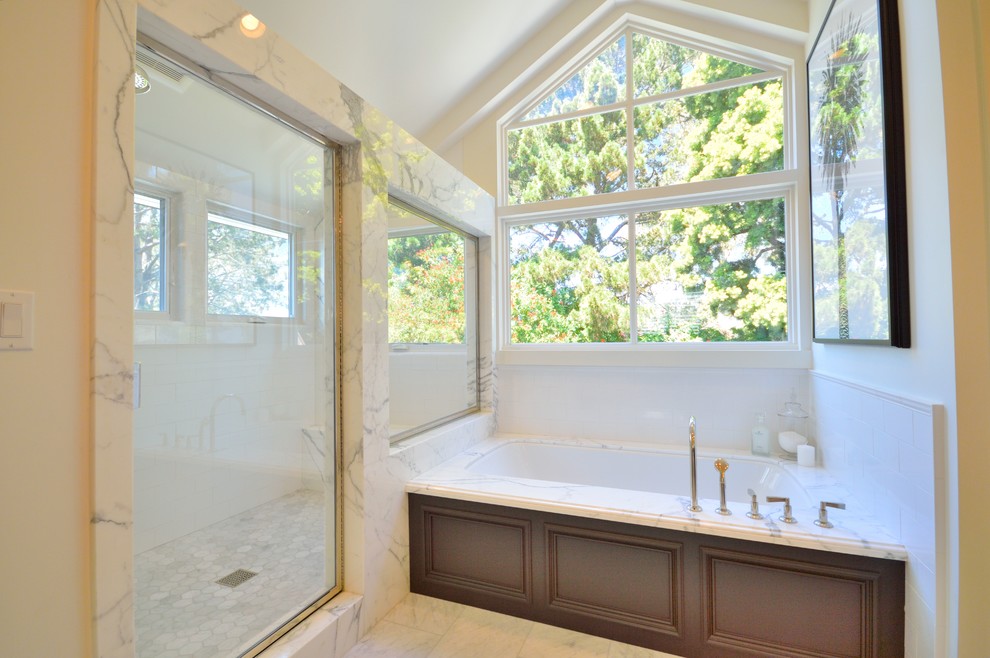 Large traditional master bathroom in San Diego with an undermount sink, furniture-like cabinets, grey cabinets, marble benchtops, an undermount tub, an alcove shower, a two-piece toilet, white tile, subway tile, white walls and marble floors.