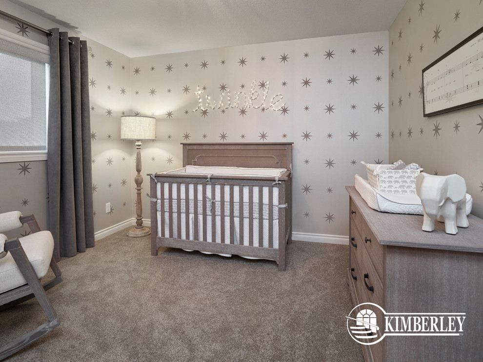 Mid-sized transitional gender-neutral nursery in Edmonton with grey walls and carpet.