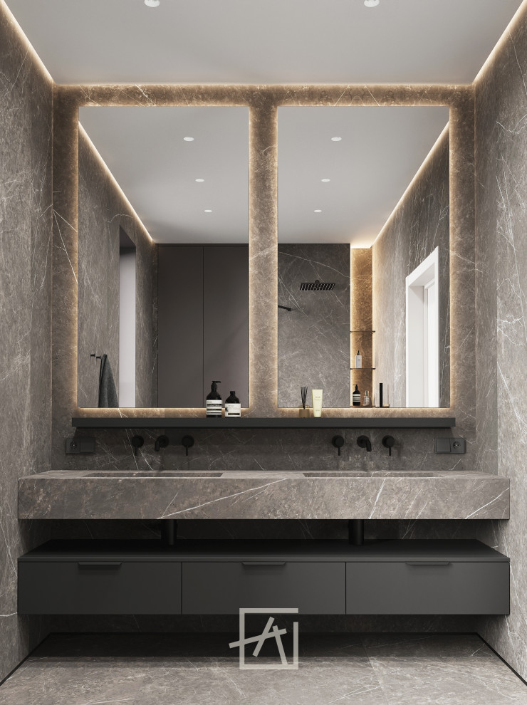 Минималистичный дизайн ванной комнаты в имитации камня