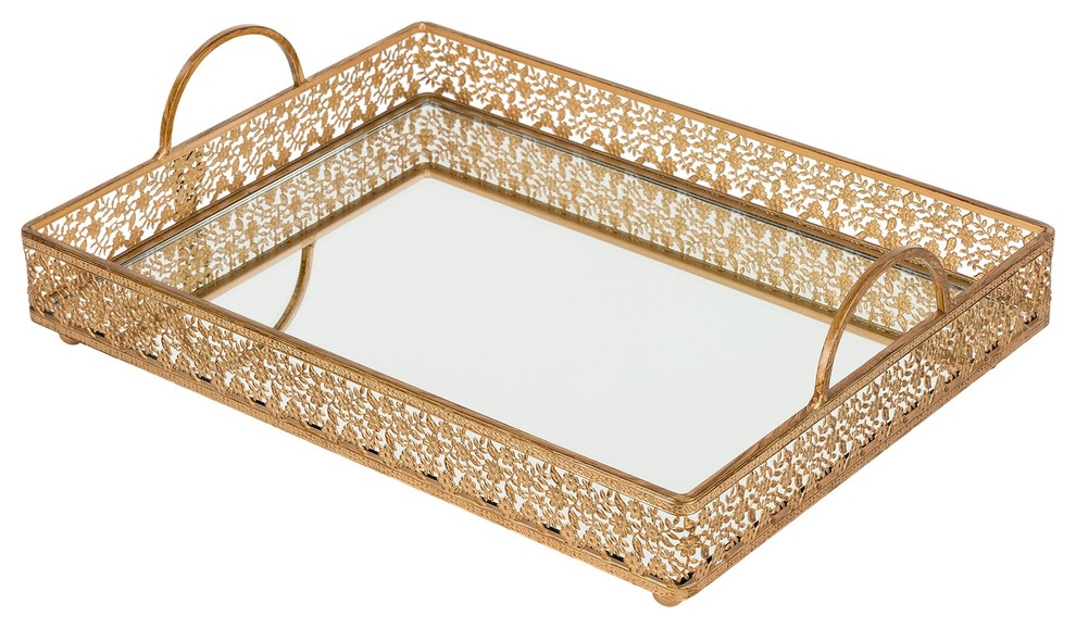 Giovanni Large Gold Rectangular Mirror Top Serving Tray