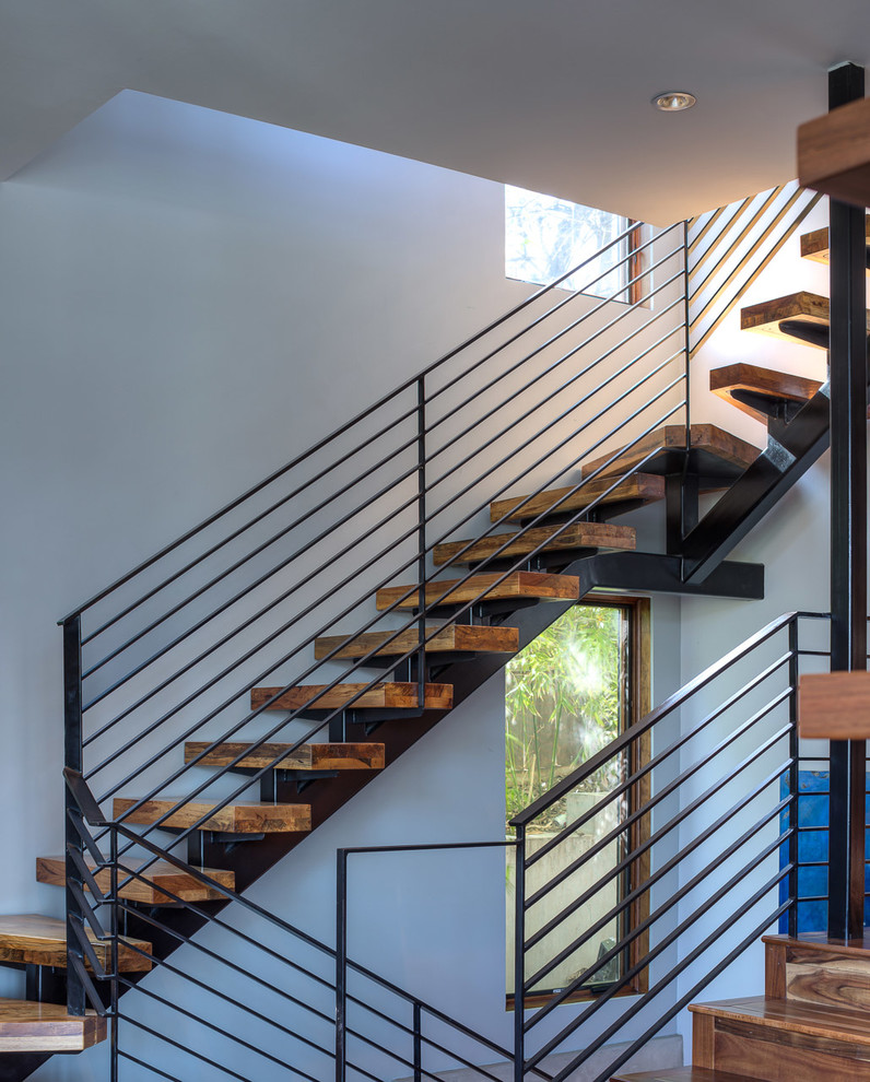 This is an example of a mid-sized contemporary wood curved staircase in Austin with open risers.