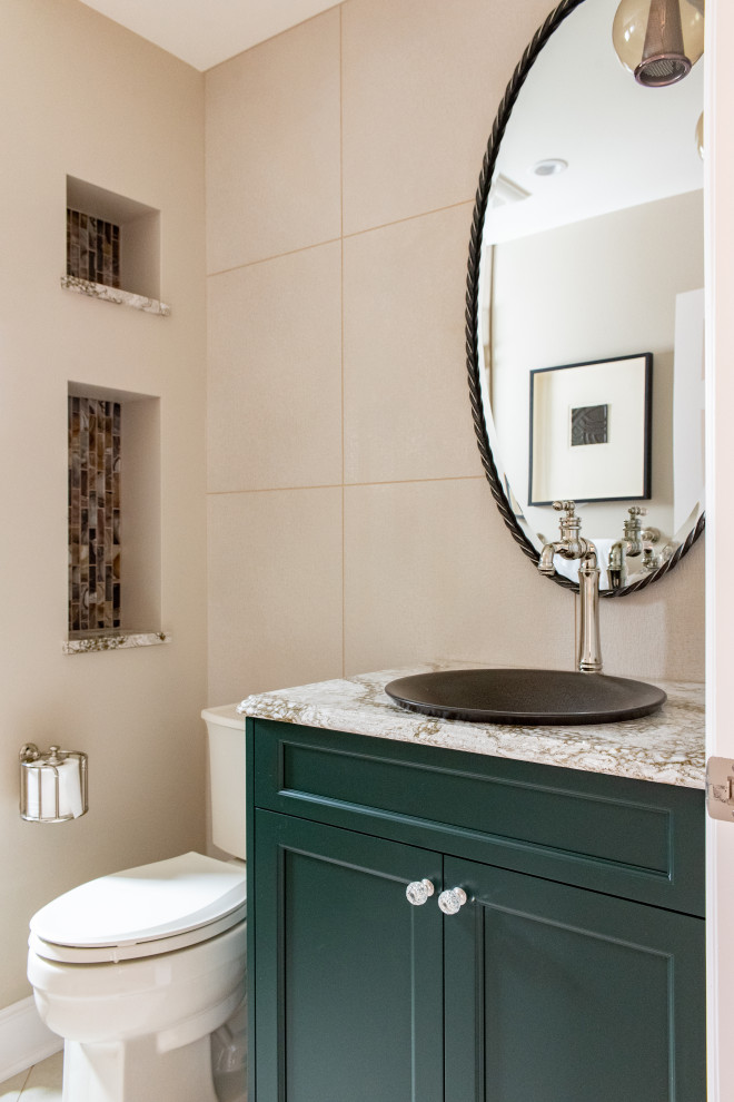 Inspiration for a small transitional 3/4 bathroom in Seattle with recessed-panel cabinets, green cabinets, multi-coloured tile, glass tile, beige walls, a pedestal sink, marble benchtops, beige floor, a hinged shower door, brown benchtops, an alcove tub and an alcove shower.